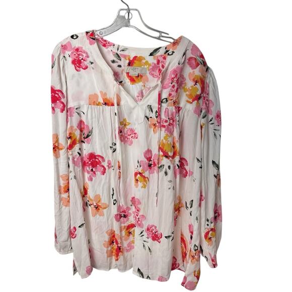 Beautiful LOFT Blossom Shirred Split Neck Blouse, Floral, Flattering, Career, 16 - Picture 4 of 9